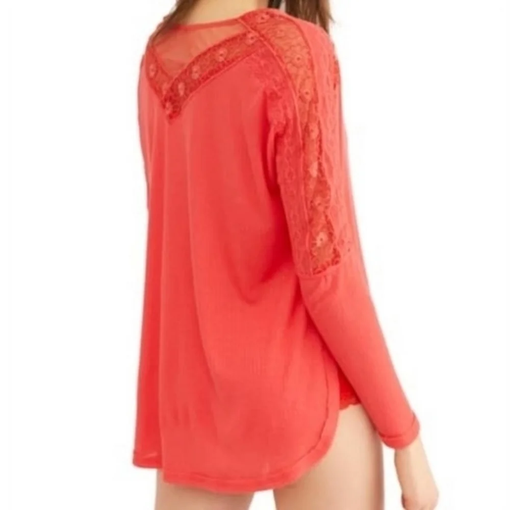 Free People Women's Dolman Sleeve Baja‎ Babe Hacci Lace Tee Top Red XS